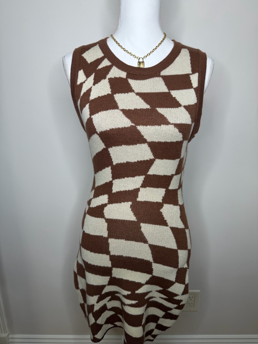 Brown & Cream Geometric Knit Sleeveless Dress
